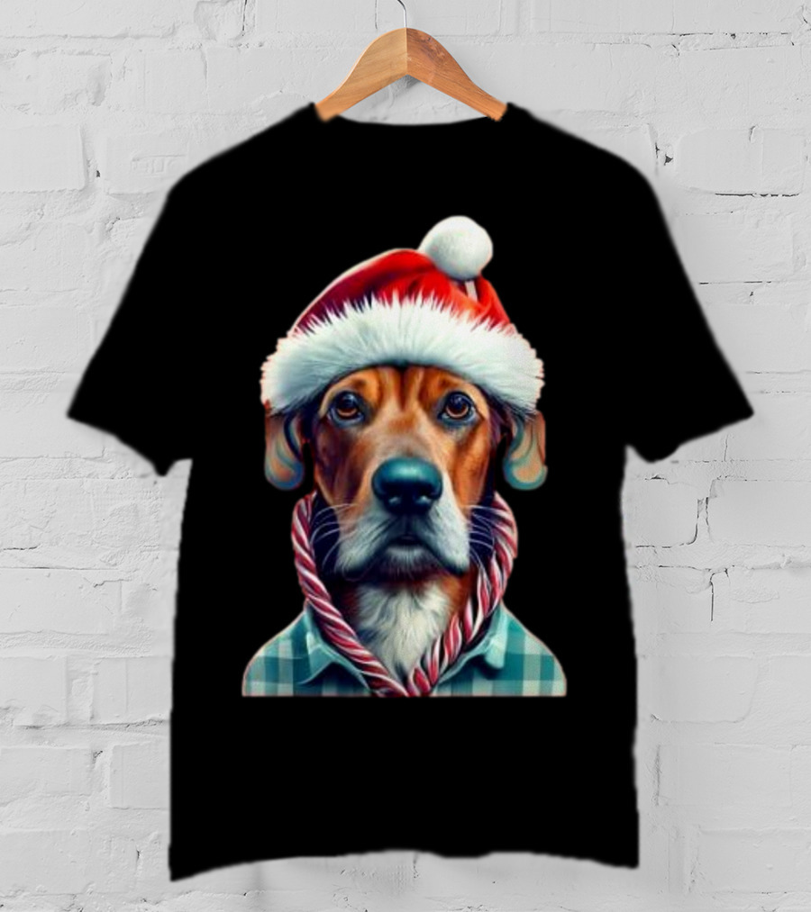 Dog In Santa Hat With Candy Cane Scarf Christmas T-Shirt