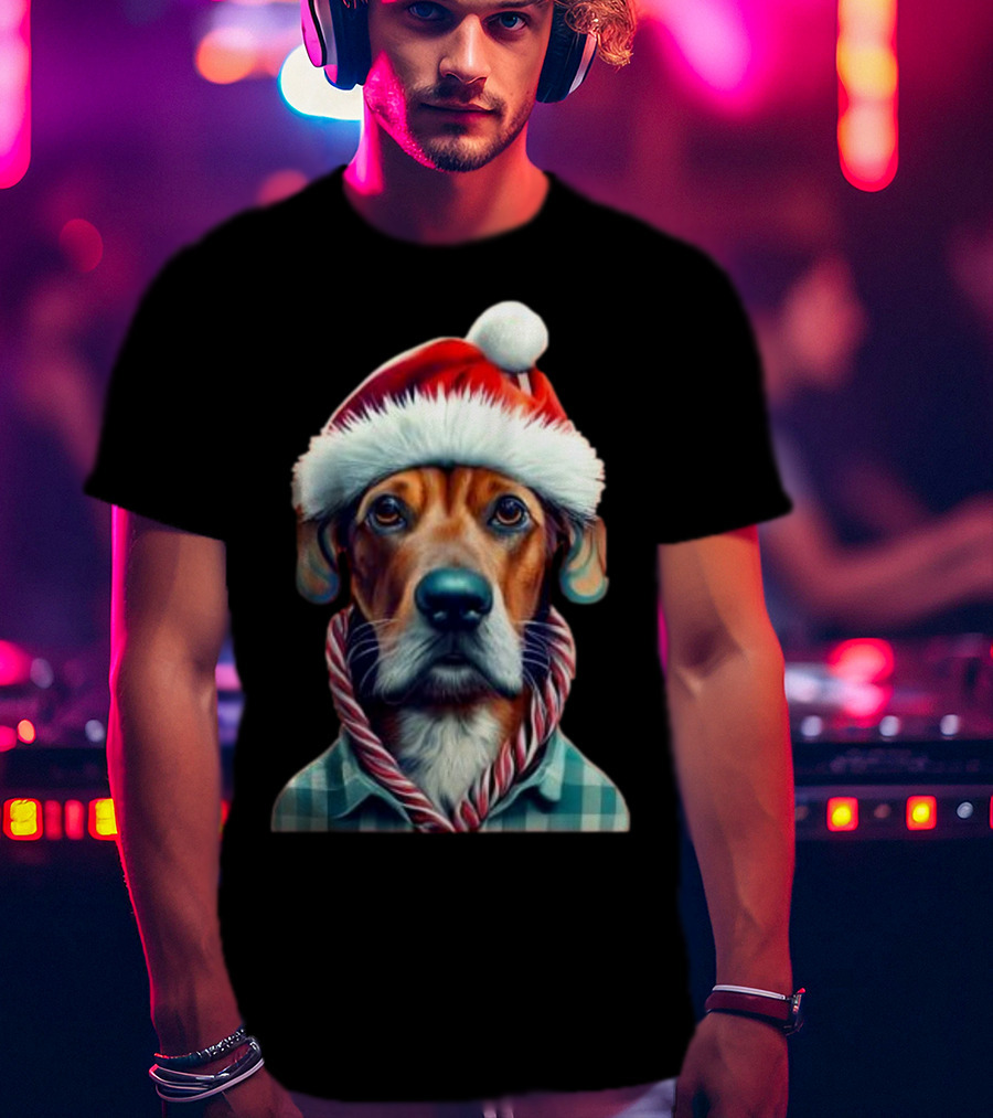 Dog In Santa Hat With Candy Cane Scarf Christmas T-Shirt