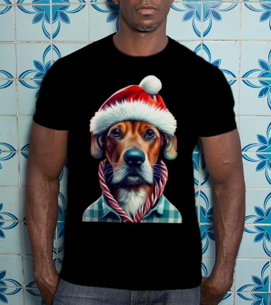 Dog In Santa Hat With Candy Cane Scarf Christmas T-Shirt