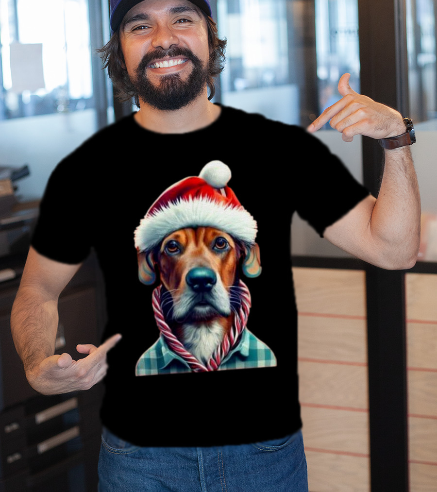 Dog In Santa Hat With Candy Cane Scarf Christmas T-Shirt