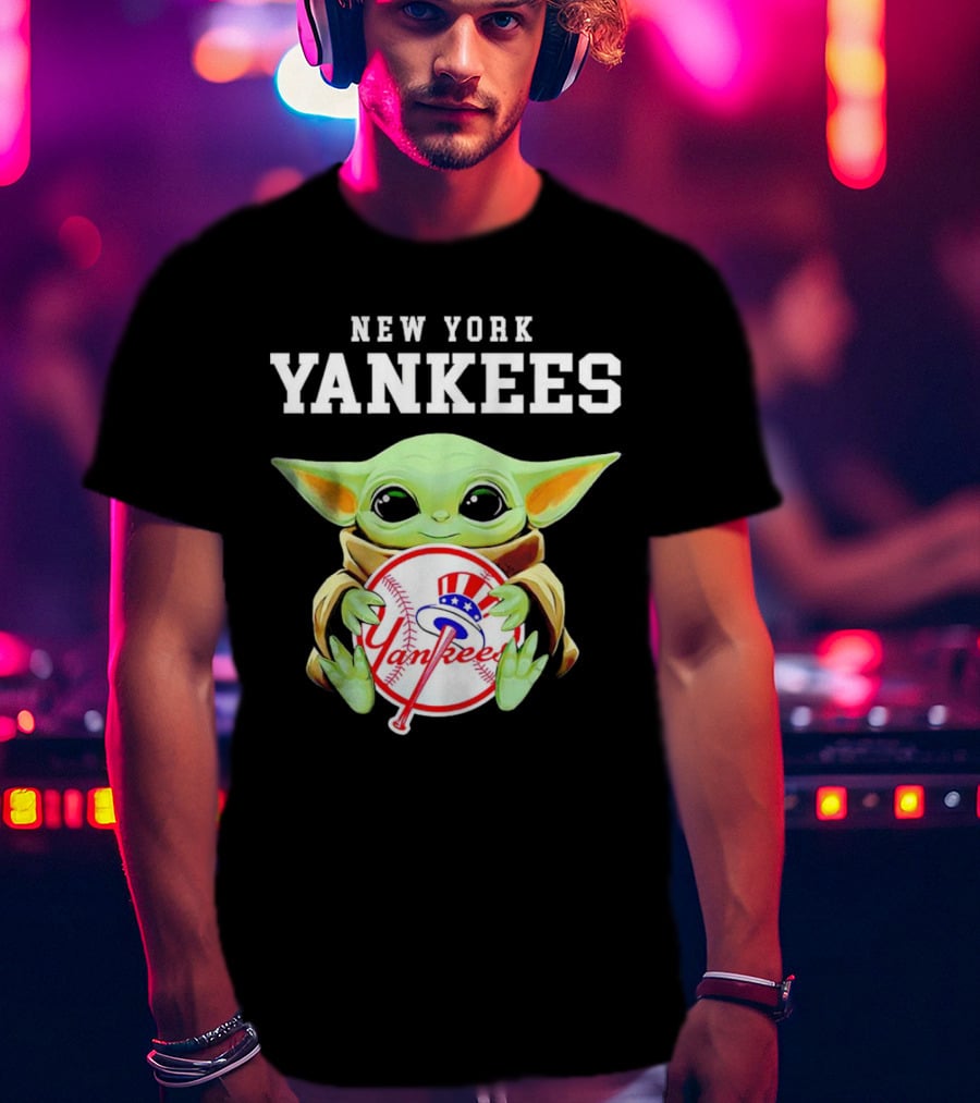 New York Yankees Baby Yoda Holding Team Baseball Emblem T-Shirt