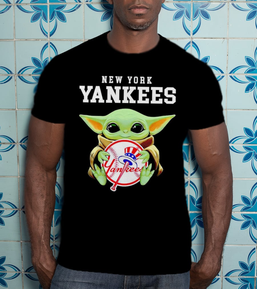 New York Yankees Baby Yoda Holding Team Baseball Emblem T-Shirt