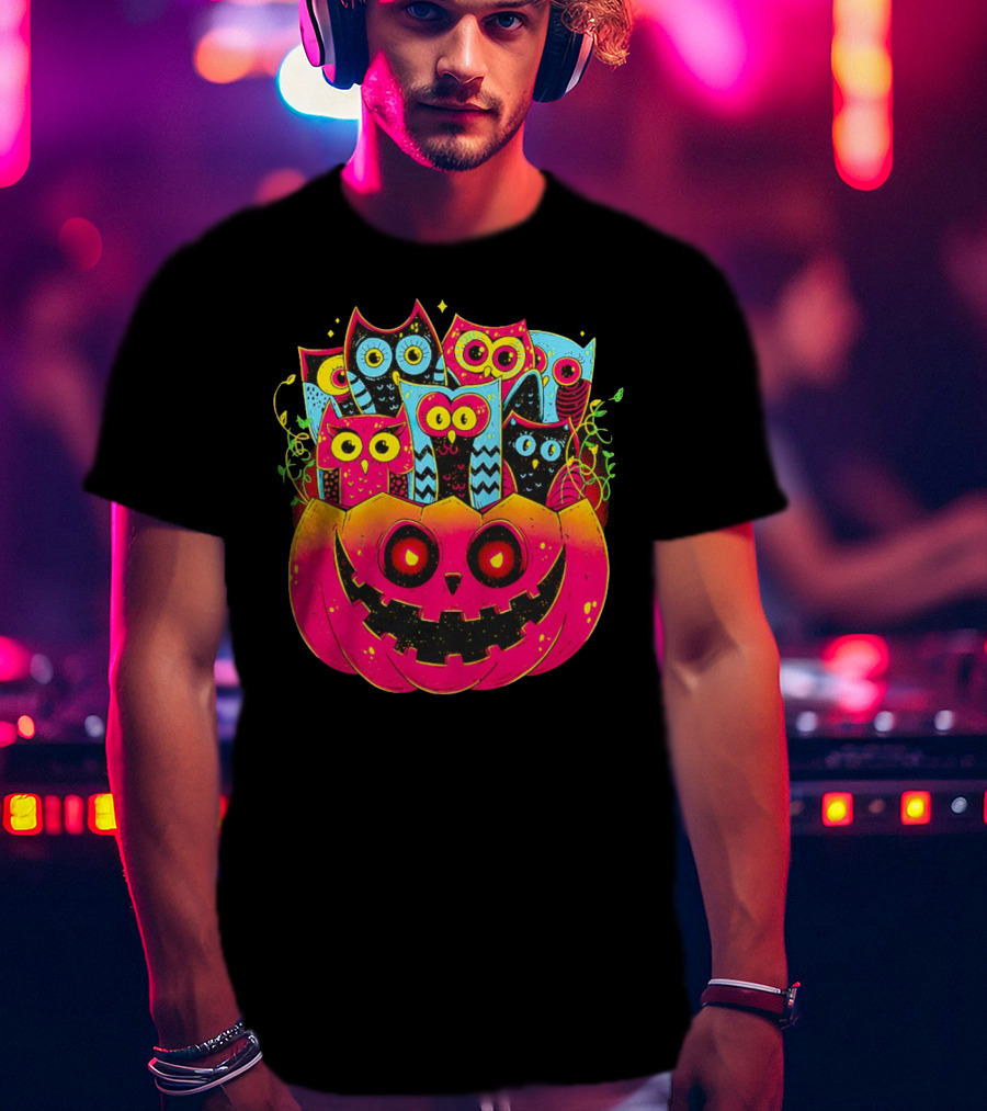 Neon Owls In Jack-o'-Lantern Halloween Party T-Shirt