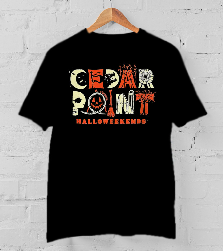 Cedar Point Halloweekends Halloween Spooky Skull Pumpkin Broomstick Haunted Tree T-Shirt