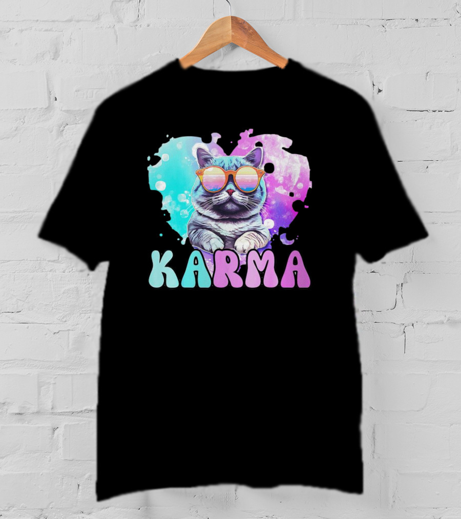 Karma Cat In Sunglasses With Heart-Shaped Watercolor Background T-Shirt