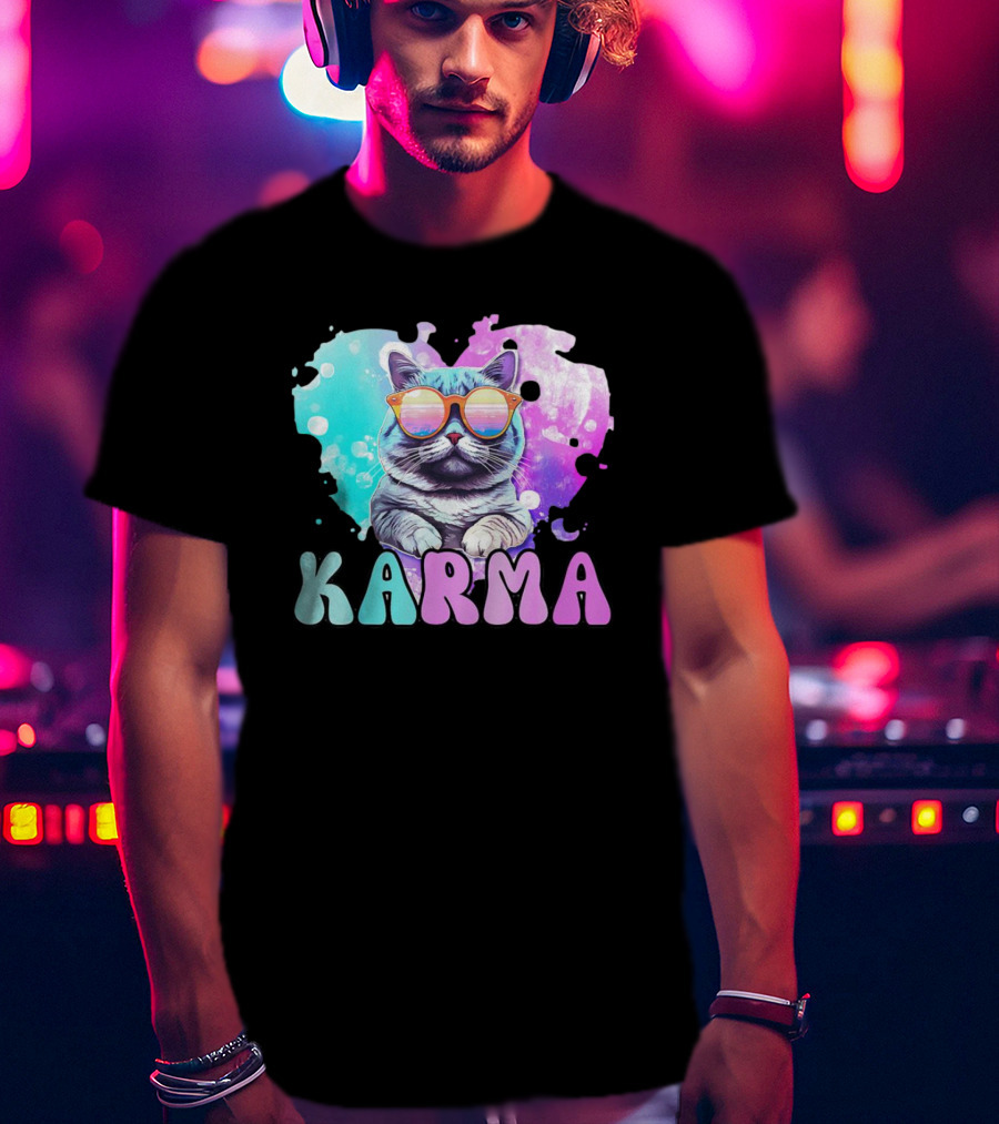 Karma Cat In Sunglasses With Heart-Shaped Watercolor Background T-Shirt