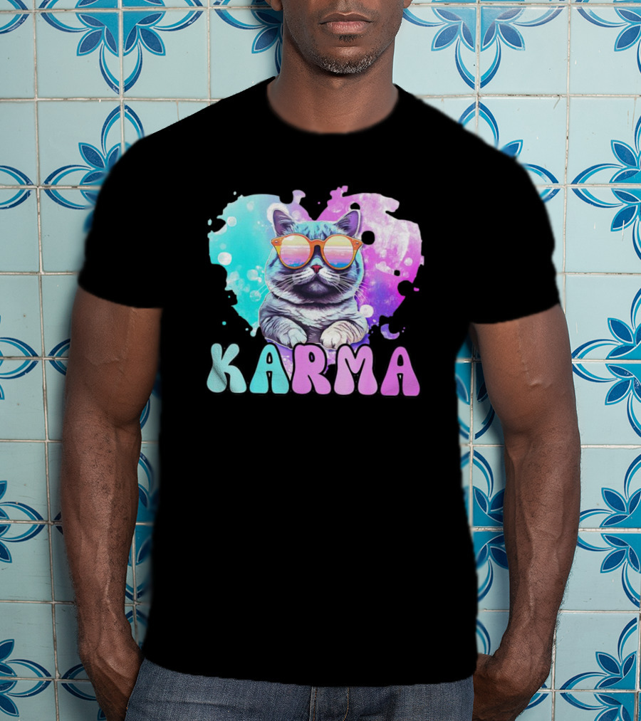 Karma Cat In Sunglasses With Heart-Shaped Watercolor Background T-Shirt