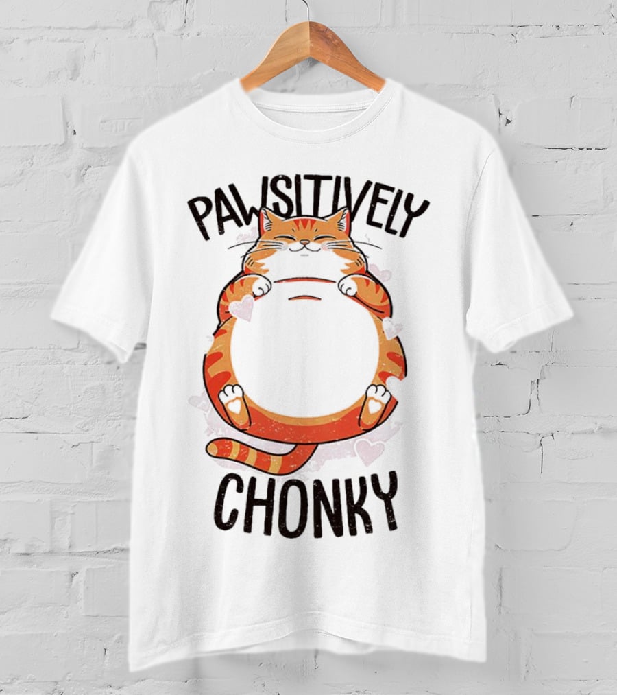 Pawsitively Chonky Cat With Hearts And Smiling Orange Tabby T-Shirt