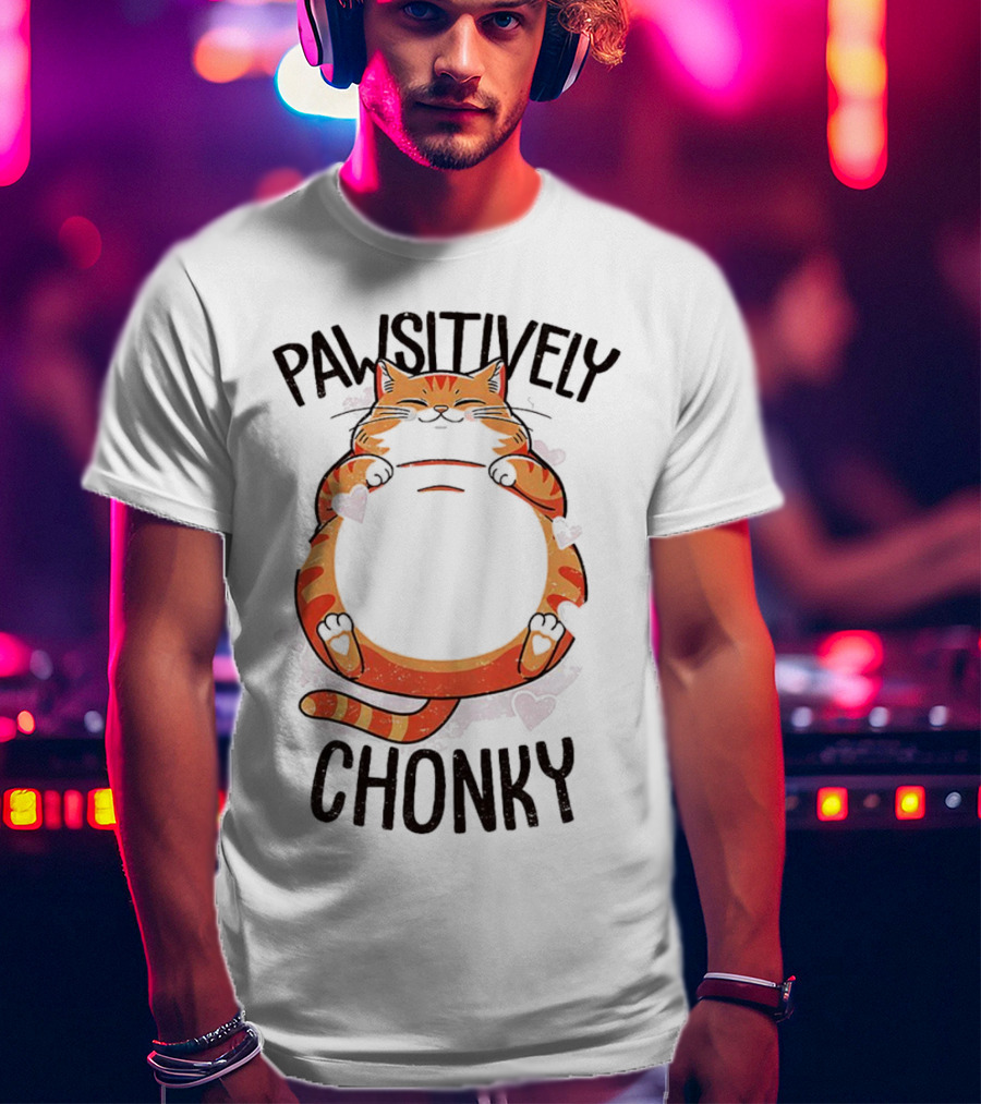 Pawsitively Chonky Cat With Hearts And Smiling Orange Tabby T-Shirt