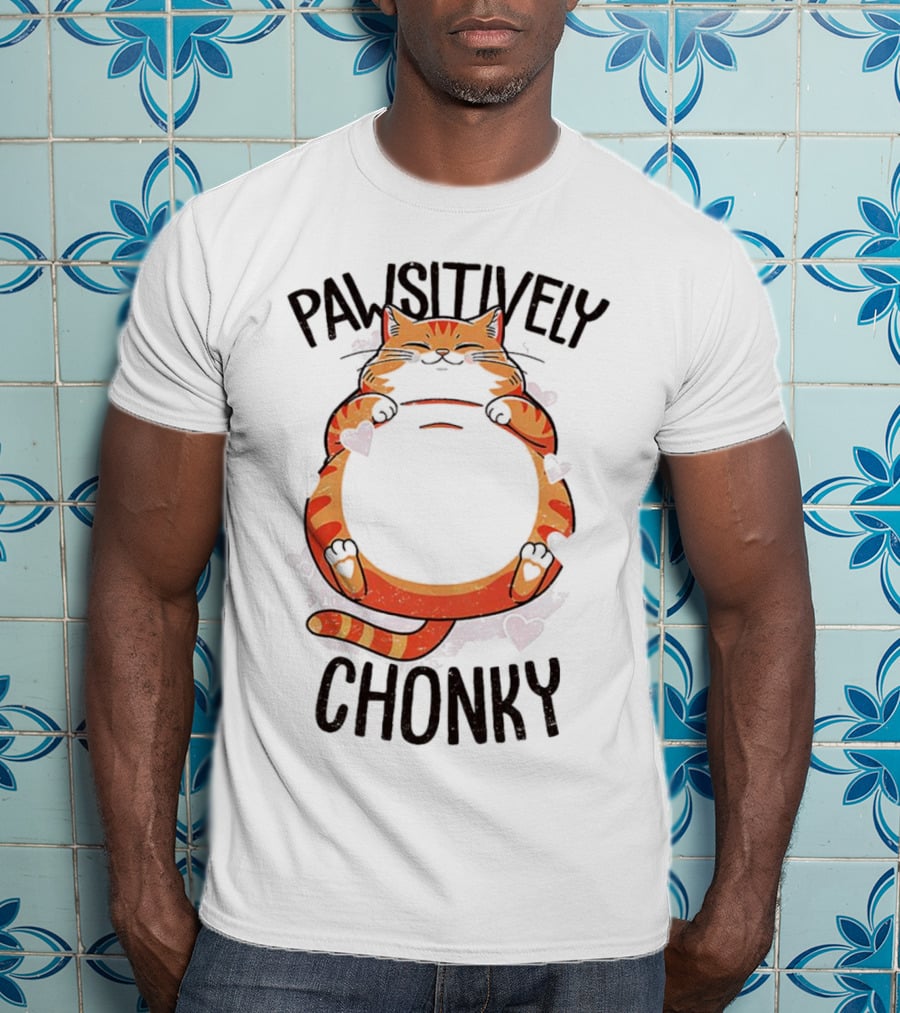 Pawsitively Chonky Cat With Hearts And Smiling Orange Tabby T-Shirt