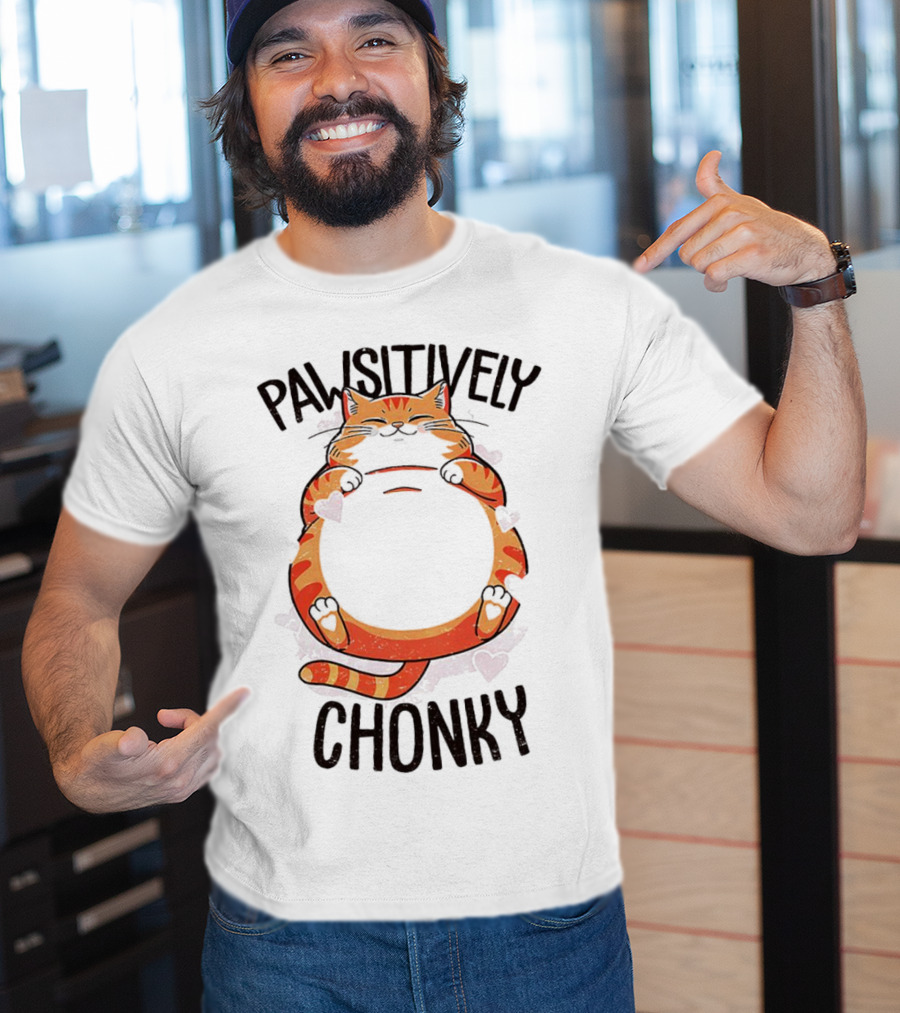 Pawsitively Chonky Cat With Hearts And Smiling Orange Tabby T-Shirt