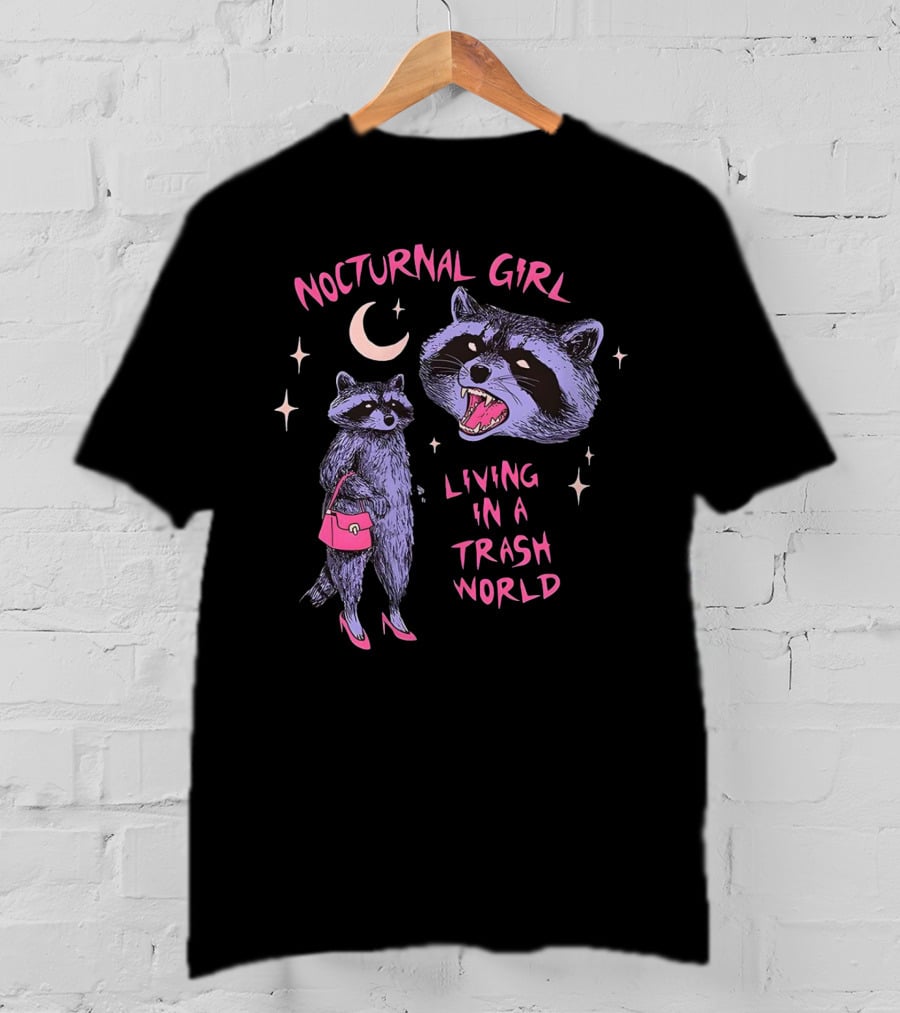 Nocturnal Girl Raccoon Living In A Trash World Under Moon And Stars T-Shirt