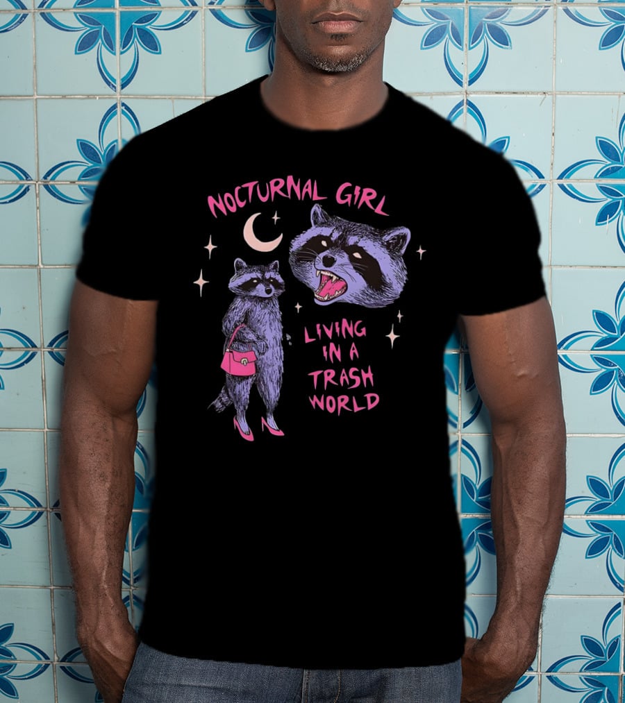 Nocturnal Girl Raccoon Living In A Trash World Under Moon And Stars T-Shirt