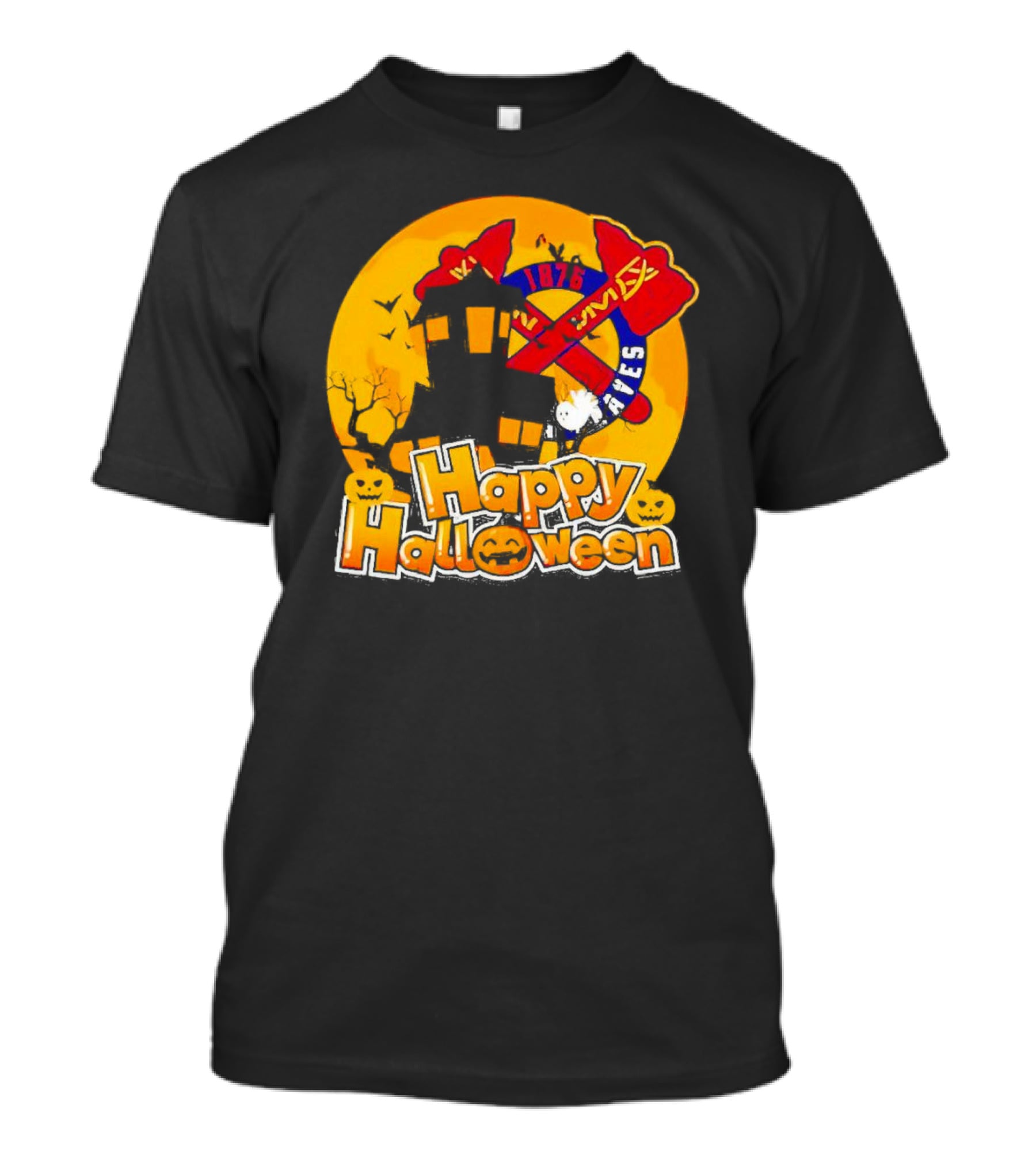 Atlanta Braves 1876 Happy Halloween Haunted House Pumpkins Bats T-Shirt