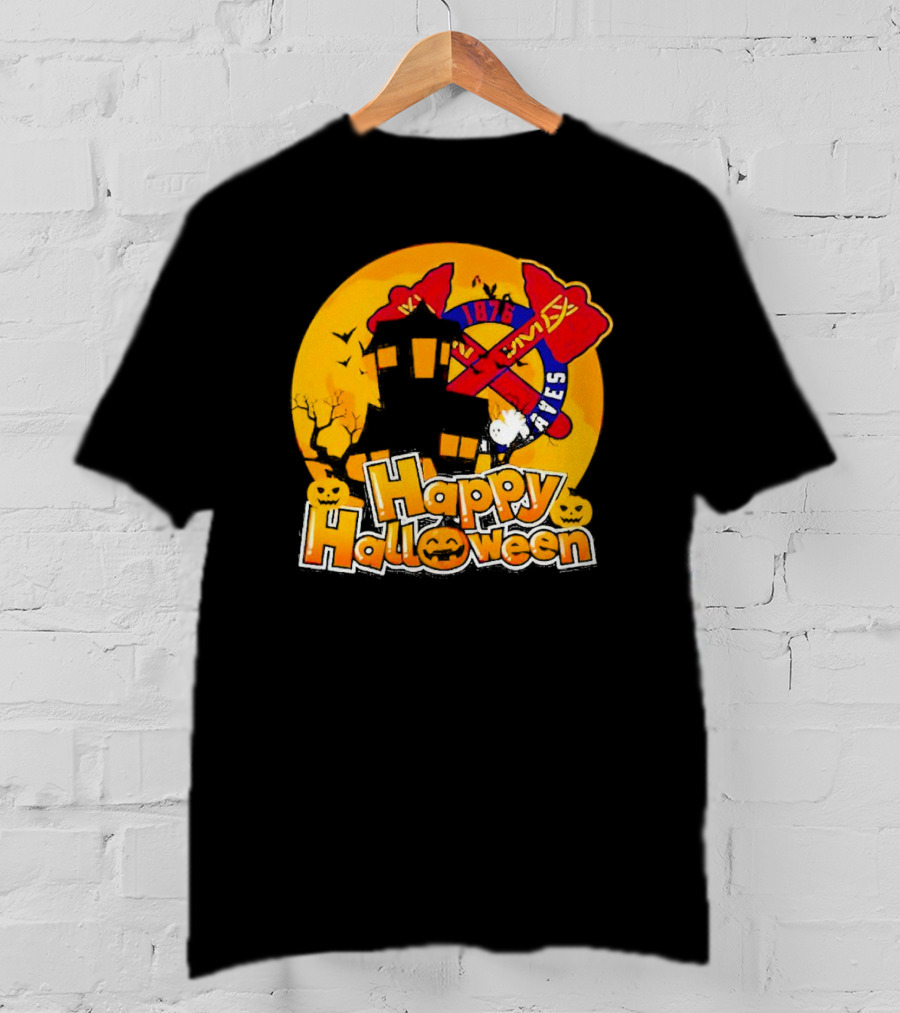 Atlanta Braves 1876 Happy Halloween Haunted House Pumpkins Bats T-Shirt