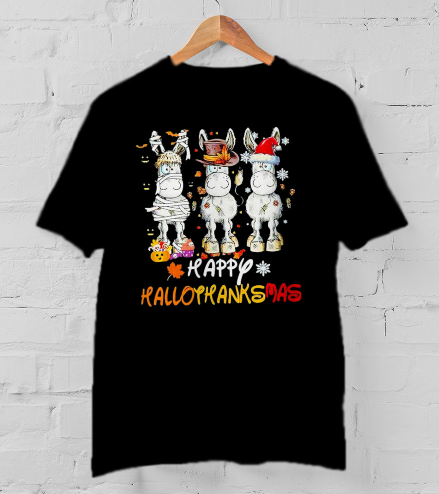 Happy Hallothanksmas Funny Horses Mummy Witch Santa Hats T-Shirt