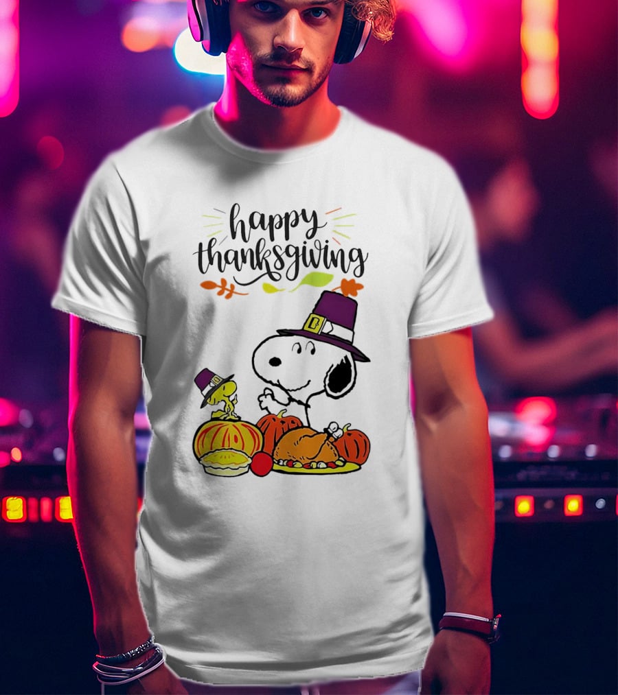 Thanksgiving Snoopy And Woodstock With Pilgrim Hats Feast T-Shirt