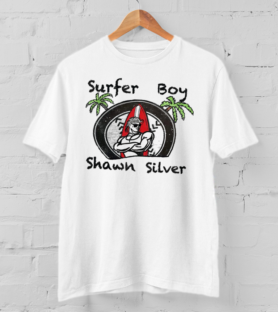 Surfer Boy Shawn Silver Palm Trees Red Surfboard T-Shirt