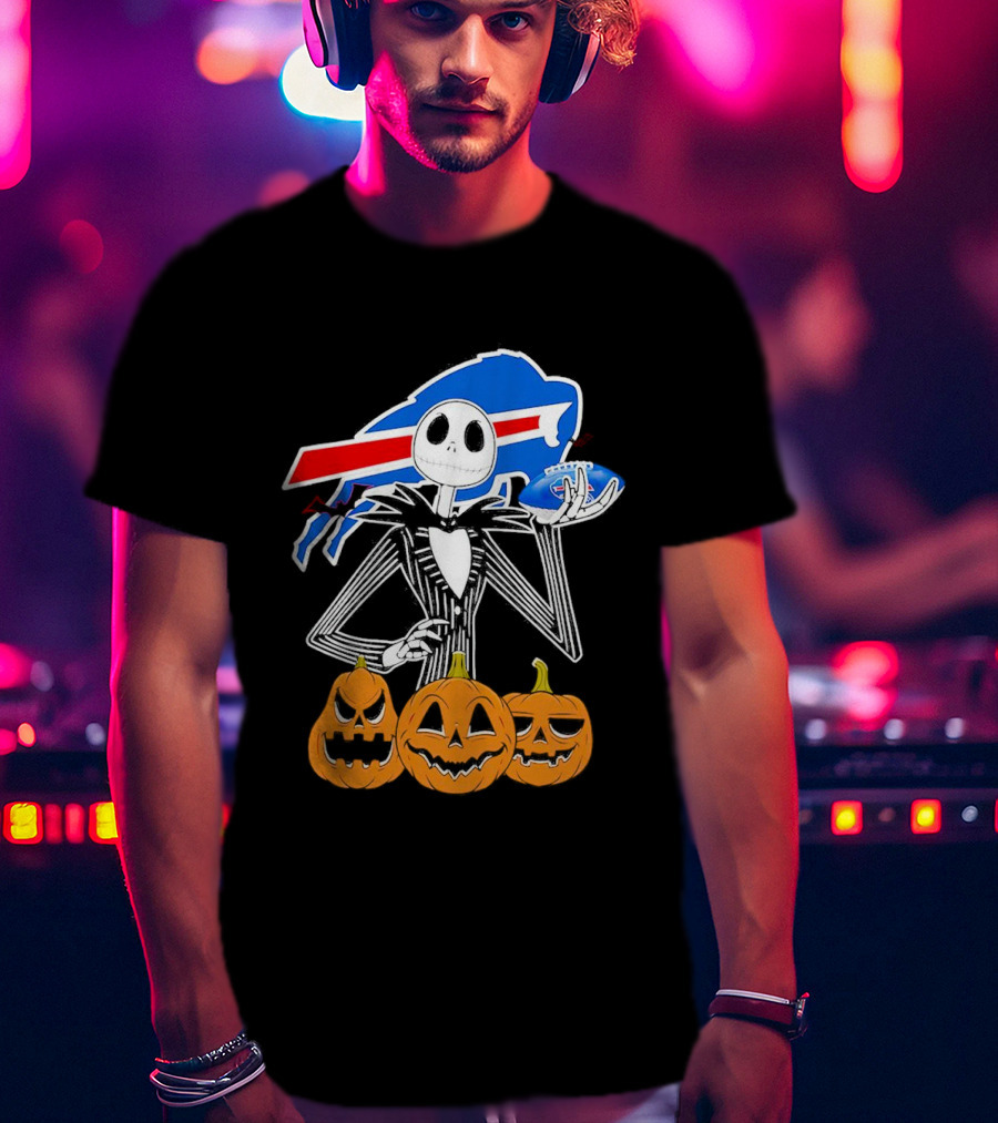 Buffalo Bills Jack Skellington Holding Football Halloween Pumpkins T-Shirt