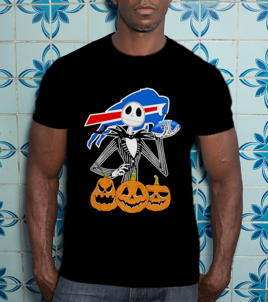 Buffalo Bills Jack Skellington Holding Football Halloween Pumpkins T-Shirt