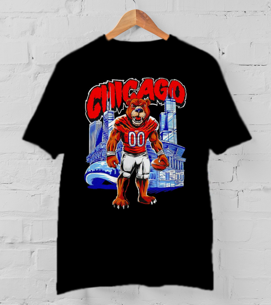 Chicago Bears Mascot Cartoon With City Skyline T-Shirt