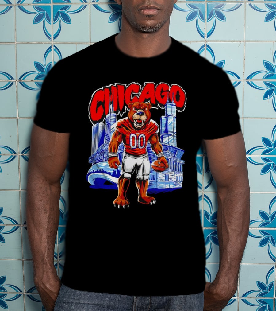 Chicago Bears Mascot Cartoon With City Skyline T-Shirt