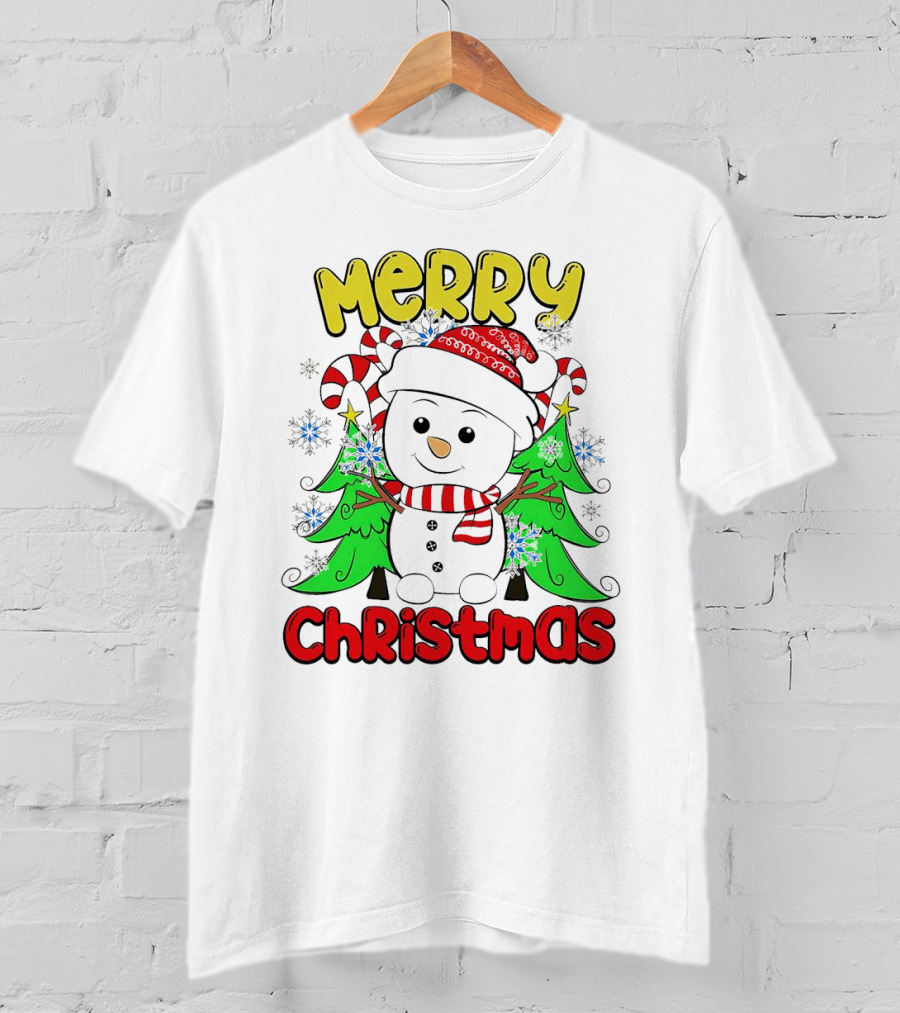 Merry Christmas Snowman With Candy Canes And Snowflakes T-Shirt