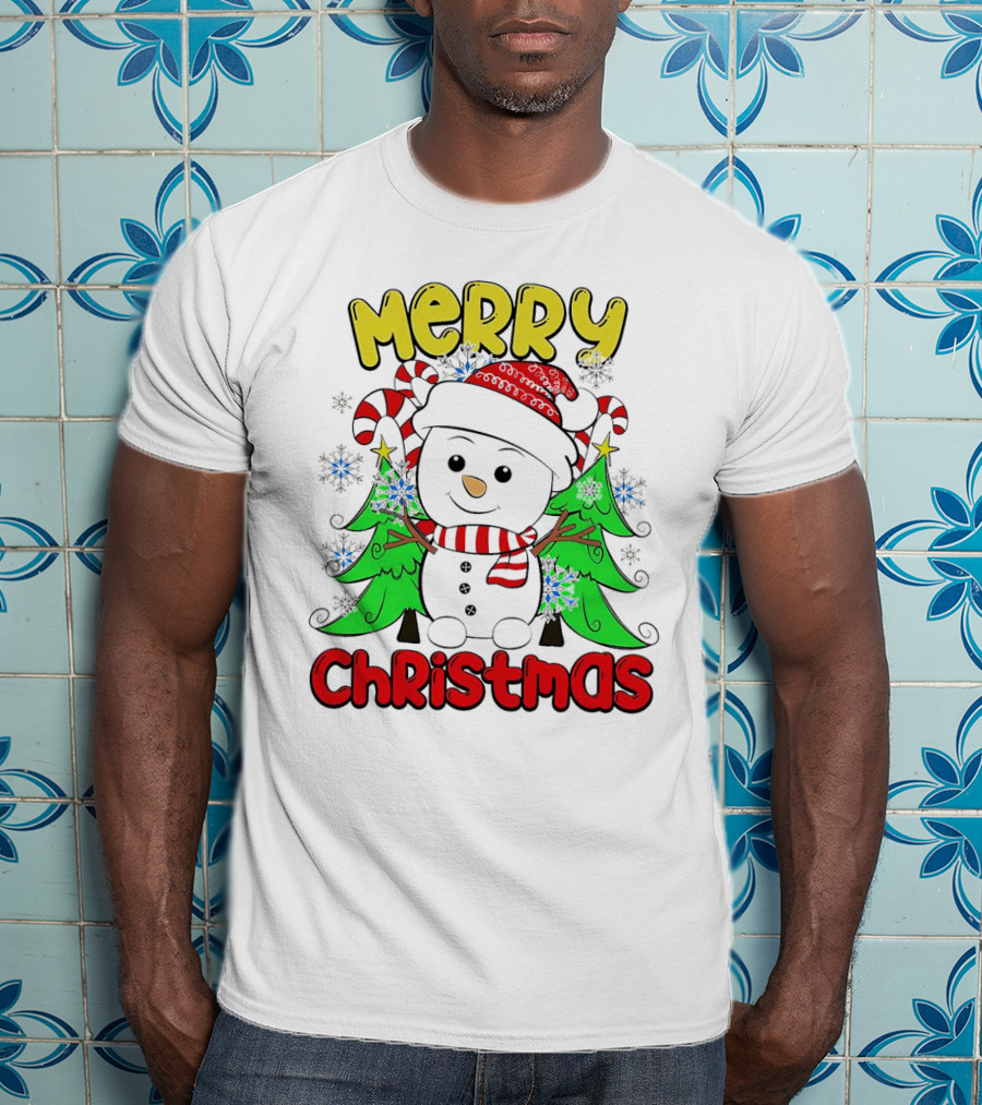 Merry Christmas Snowman With Candy Canes And Snowflakes T-Shirt