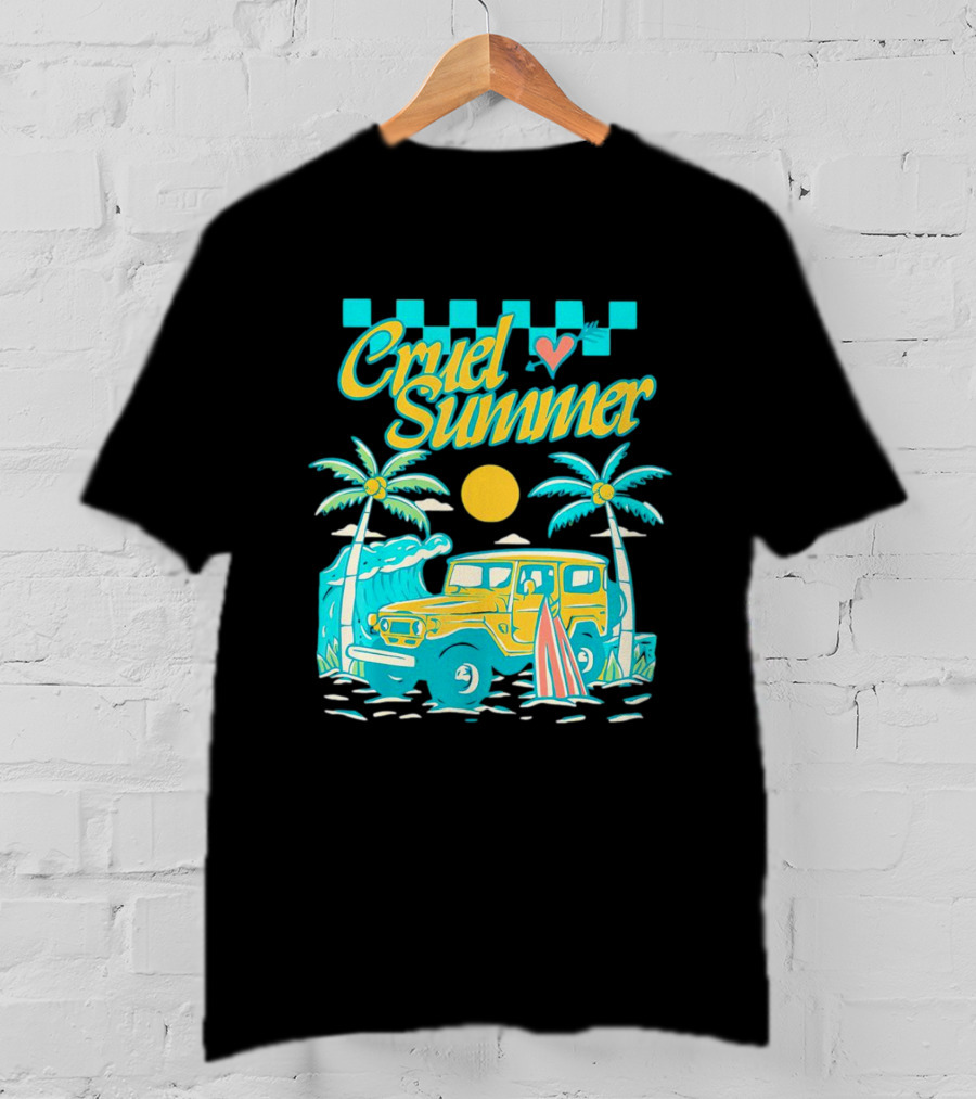Cruel Summer Beach Vintage Jeep Palm Trees Retro Sun Wave Heart T-Shirt