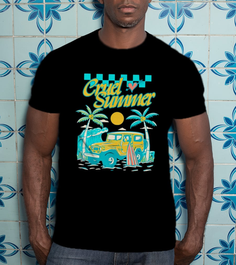 Cruel Summer Beach Vintage Jeep Palm Trees Retro Sun Wave Heart T-Shirt