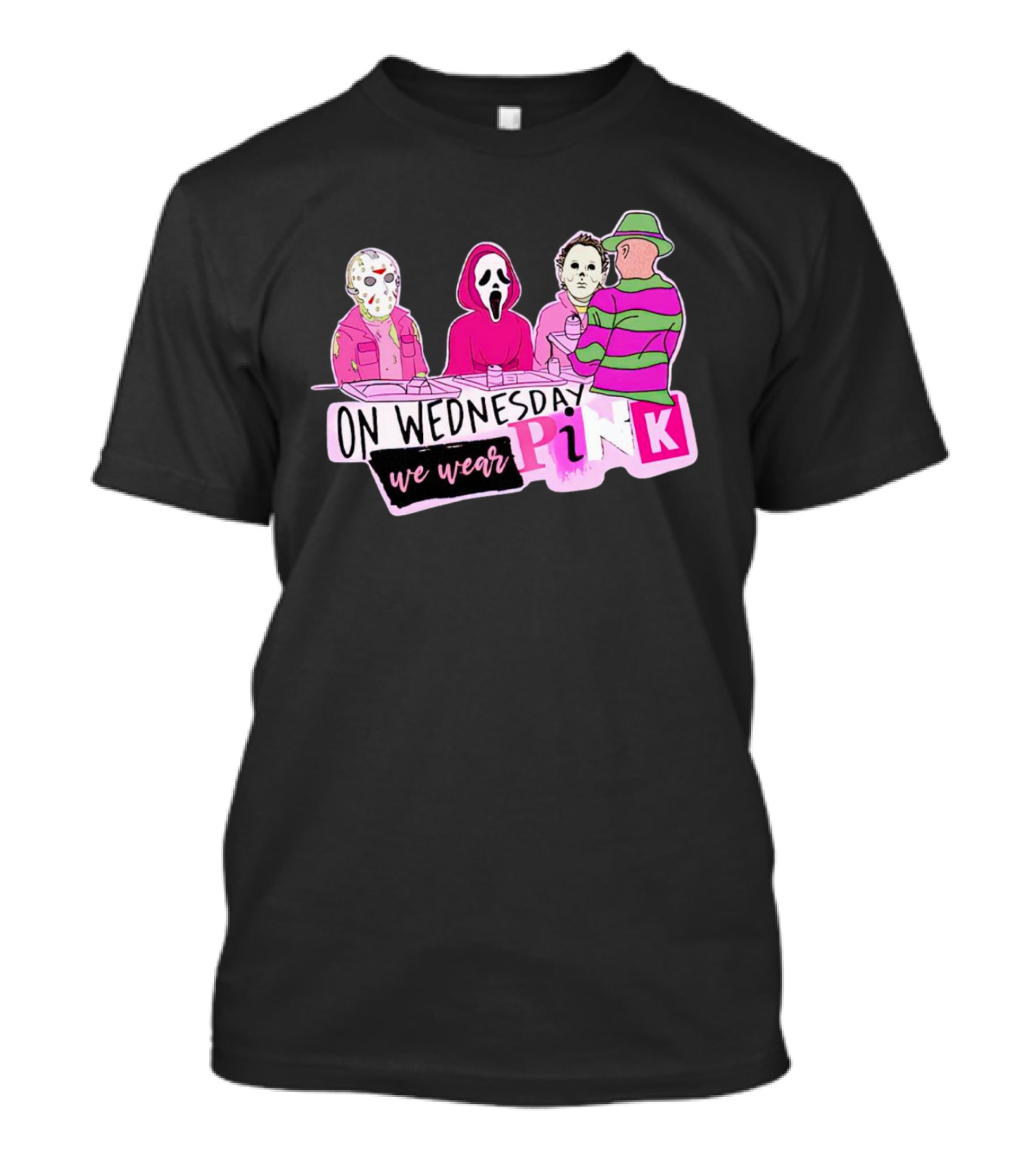 On Wednesdays We Wear Pink Horror Movie Characters Halloween Dinner Scene T-Shirt