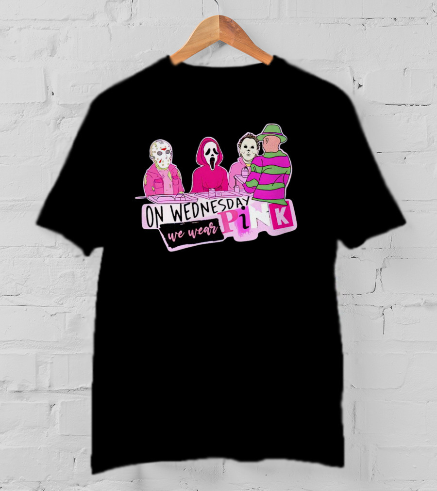 On Wednesdays We Wear Pink Horror Movie Characters Halloween Dinner Scene T-Shirt