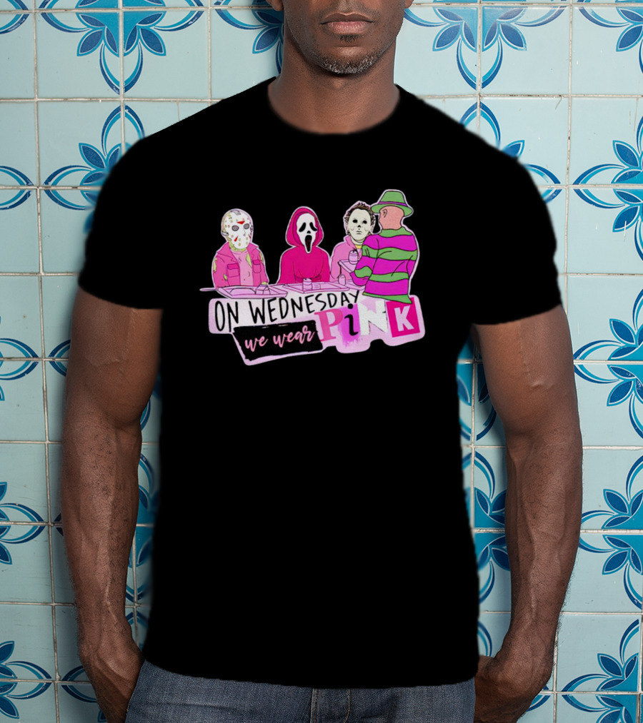 On Wednesdays We Wear Pink Horror Movie Characters Halloween Dinner Scene T-Shirt