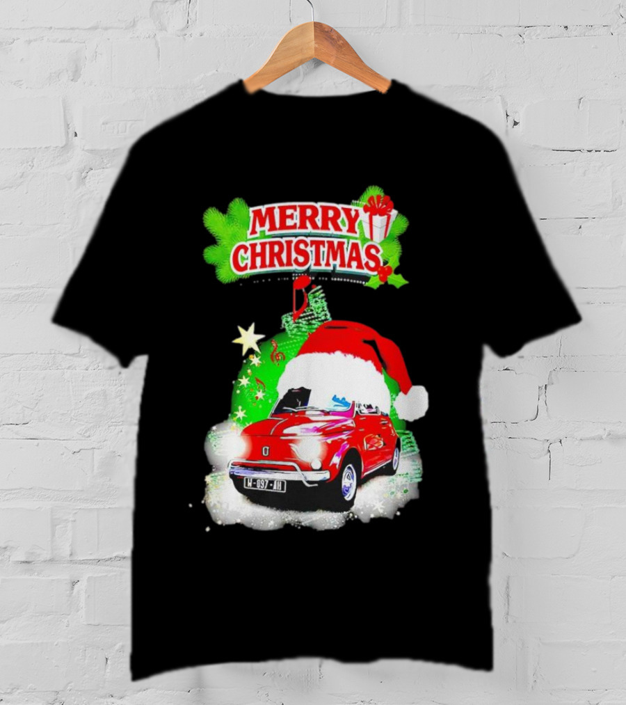 Merry Christmas Red Fiat 500 With Santa Hat And Green Background T-Shirt