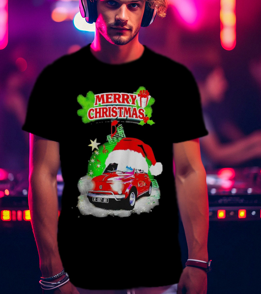 Merry Christmas Red Fiat 500 With Santa Hat And Green Background T-Shirt