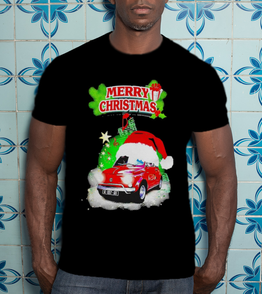 Merry Christmas Red Fiat 500 With Santa Hat And Green Background T-Shirt