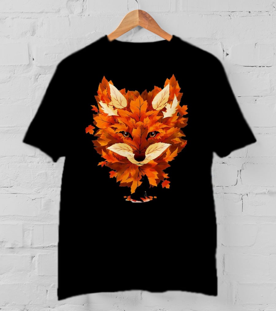 Red Fox Face With Autumn Leaves T-Shirt