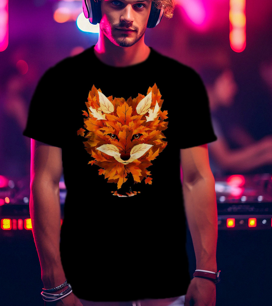 Red Fox Face With Autumn Leaves T-Shirt