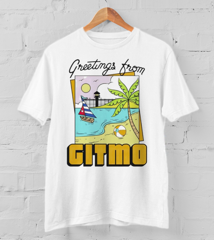 Greetings From Gitmo Palm Beach Scene With Sailboat And Volleyball T-Shirt