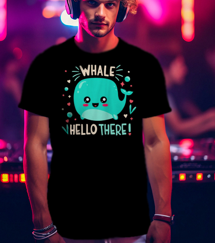 Whale Hello There Cute Cartoon Aqua Whale Design With Hearts And Stars T-Shirt