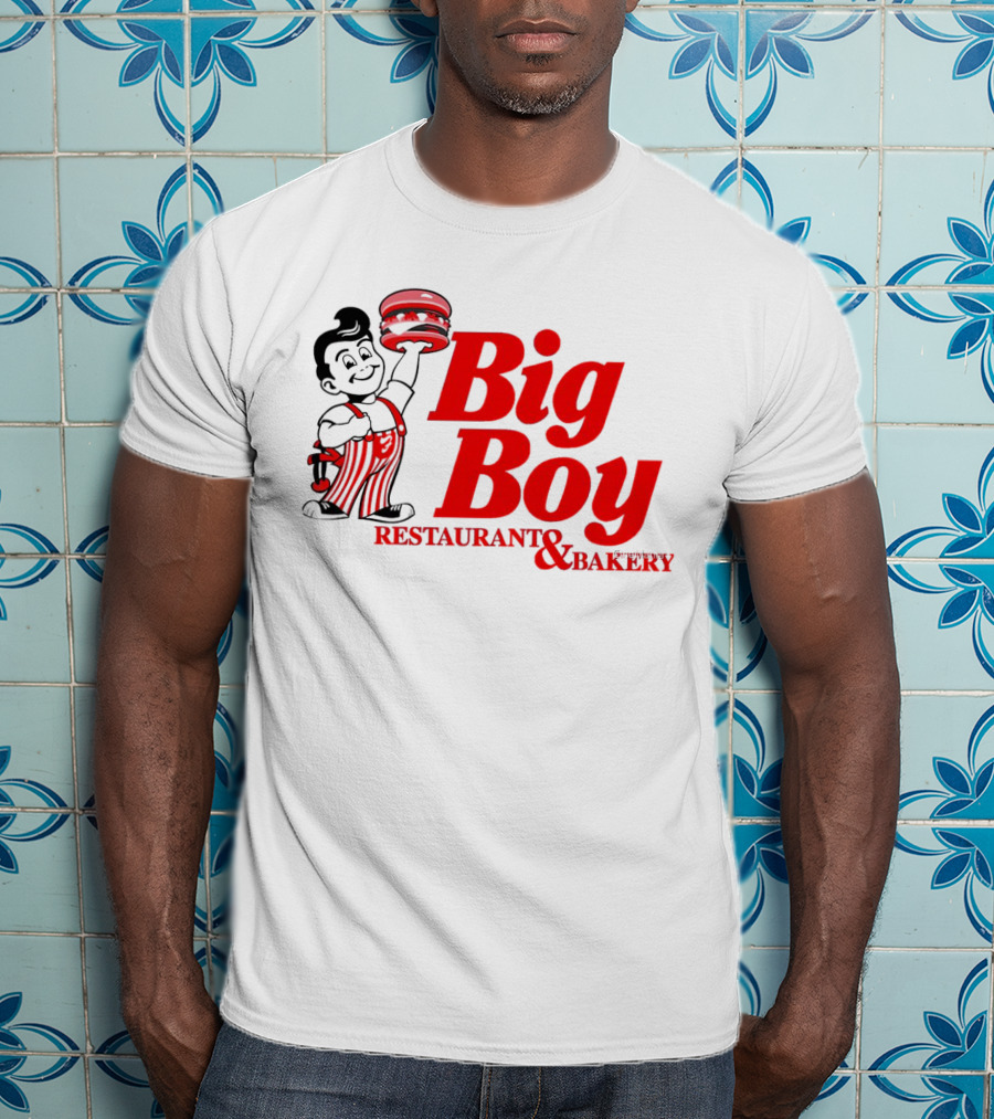 Big Boy Restaurant And Bakery Logo - Iconic Red Text With Burger Mascot T-Shirt