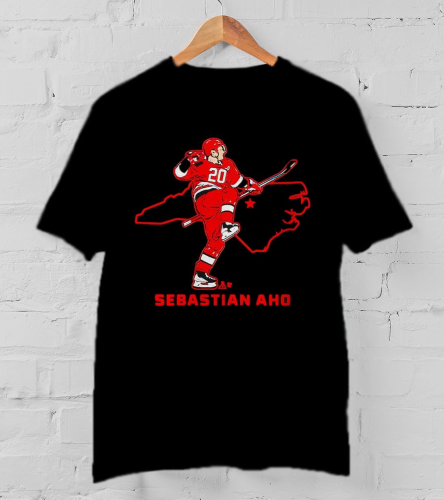 Sebastian Aho 20 Carolina Hurricanes State Outline T-Shirt