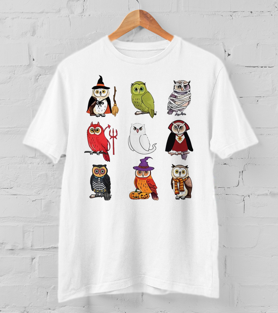 Cute Owls Halloween Witch Mummy Devil Skeleton Vampire Pumpkin Scarf T-Shirt