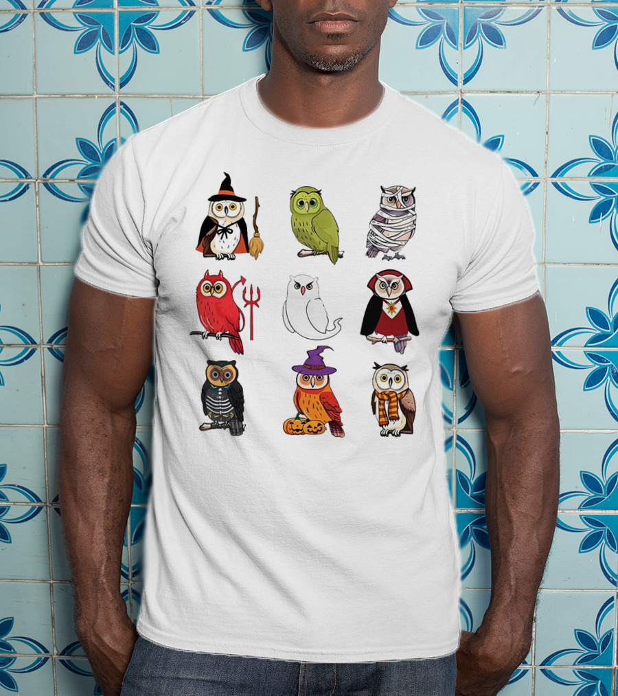 Cute Owls Halloween Witch Mummy Devil Skeleton Vampire Pumpkin Scarf T-Shirt