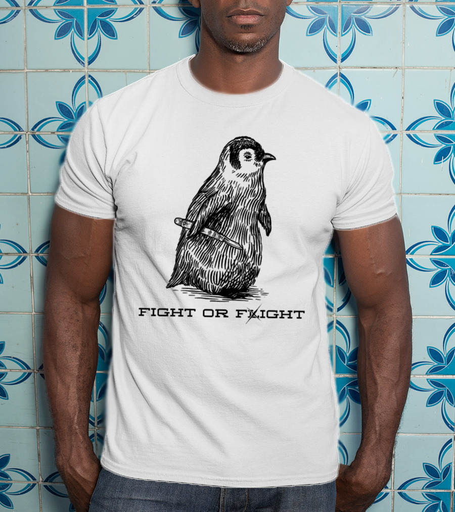 Penguin Fight Or Flight Joke With Knife Drawing T-Shirt