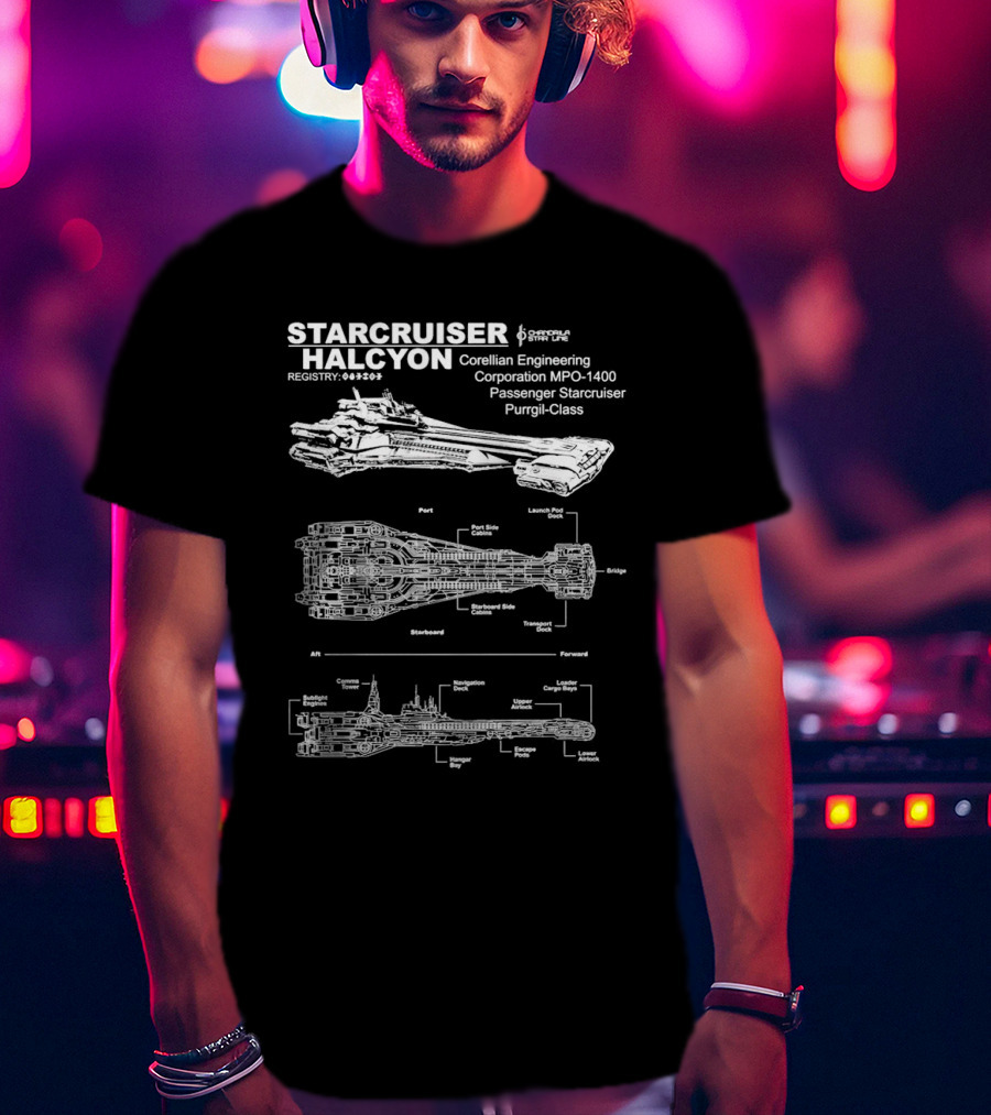 Starcruiser Halcyon Corellian Engineering Schematic Blueprint MPO-1400 Passenger Starcruiser Purrgil-Class T-Shirt