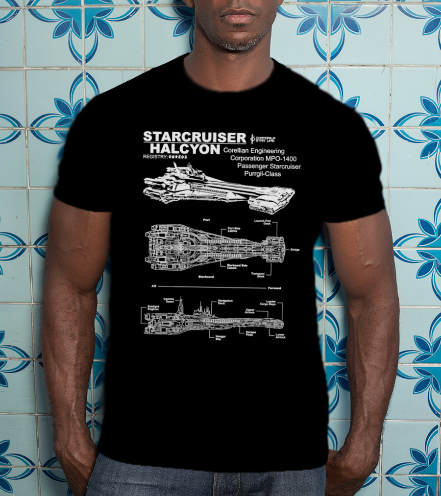 Starcruiser Halcyon Corellian Engineering Schematic Blueprint MPO-1400 Passenger Starcruiser Purrgil-Class T-Shirt