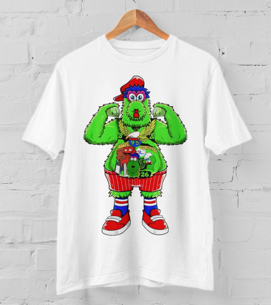 Philly Phanatic Mascots Sporting Red Cap And Sneakers With 1980 2008 1985 1995 2008 Numbers T-Shirt
