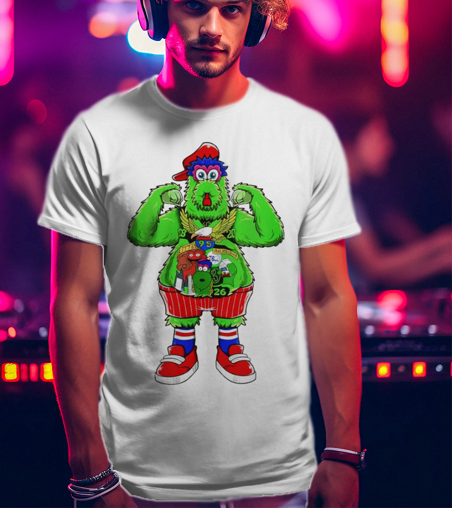 Philly Phanatic Mascots Sporting Red Cap And Sneakers With 1980 2008 1985 1995 2008 Numbers T-Shirt