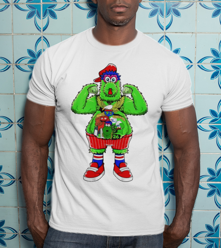 Philly Phanatic Mascots Sporting Red Cap And Sneakers With 1980 2008 1985 1995 2008 Numbers T-Shirt